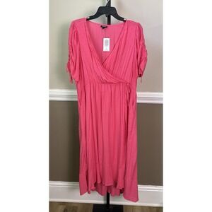 Torrid Women's Midi Swiss Dot Linen Surplice Dress Honeysuckle Pockets NWT